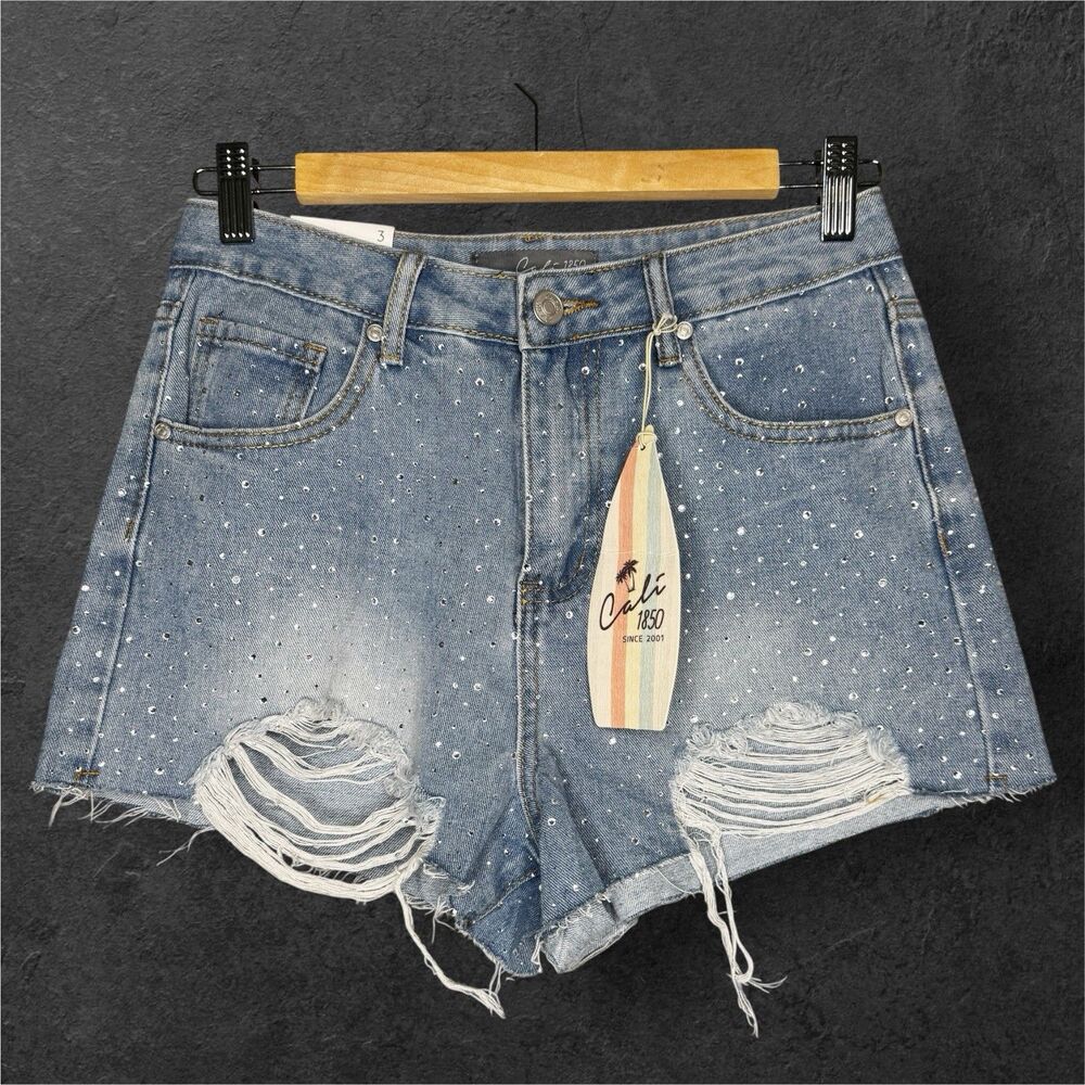 Rhinestone Bedazzled Denim Shorts Size 3 S 28 Jean Cut Off New Cali 1850 Concert